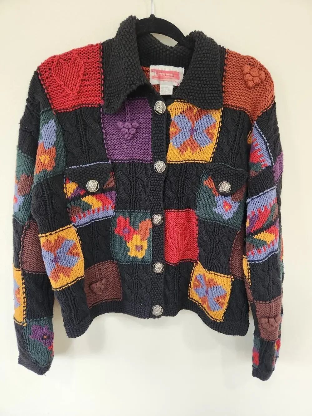 Vintage Limited Cardigan Sweater Hand Knit Chunky Patchwork Mediterranean